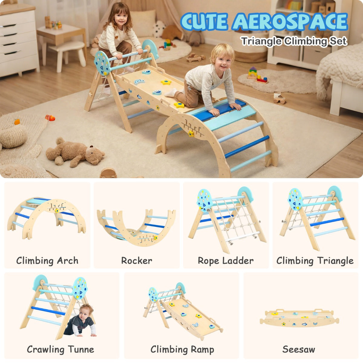 This climbing frame includes an arch, rocker, rope ladder, climbing triangle, crawling tunnel, climbing ramp and seesaw