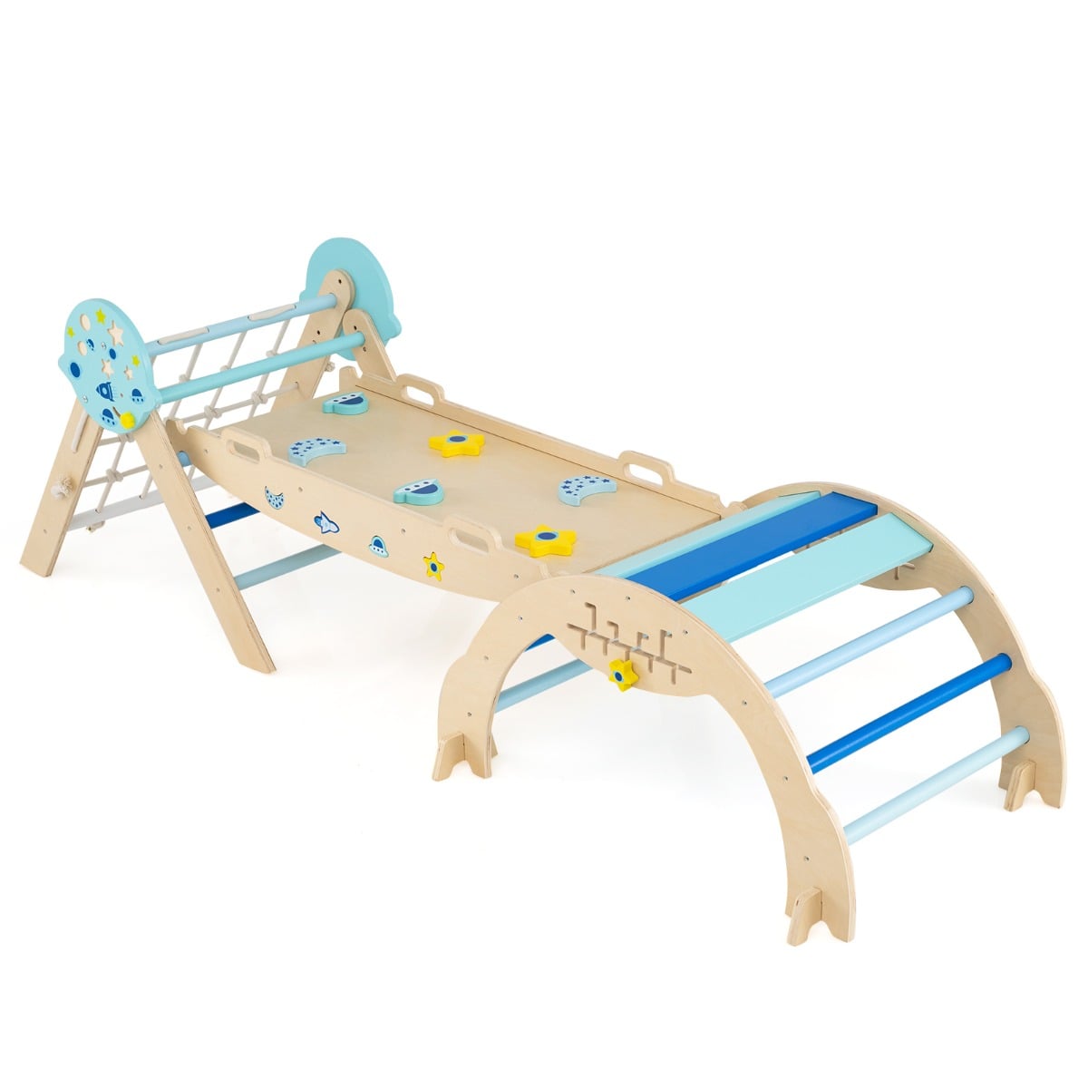Foldable Climbing Toys with Arch and Climber, a blue wooden climbing frame with arch and slide