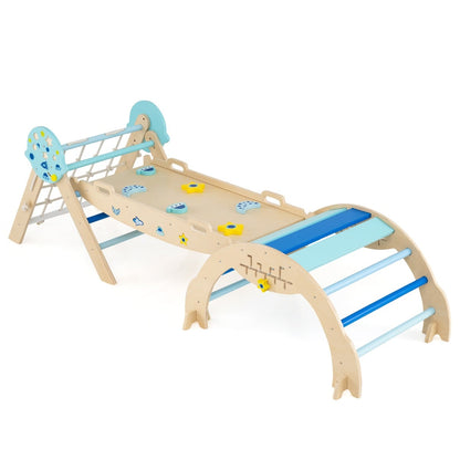 Foldable Climbing Toys with Arch and Climber, a blue wooden climbing frame with arch and slide