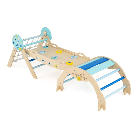 Foldable Climbing Toys with Arch and Climber, a blue wooden climbing frame with arch and slide
