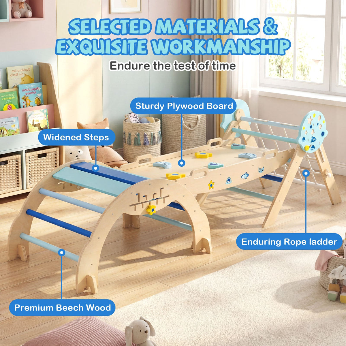 Close-up of the blue climbing frame highlighting sturdy plywood board and enduring rope ladder