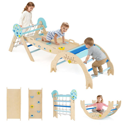 A collection of wooden climbing frame components including an arch, rocker, rope ladder, and climbing triangle