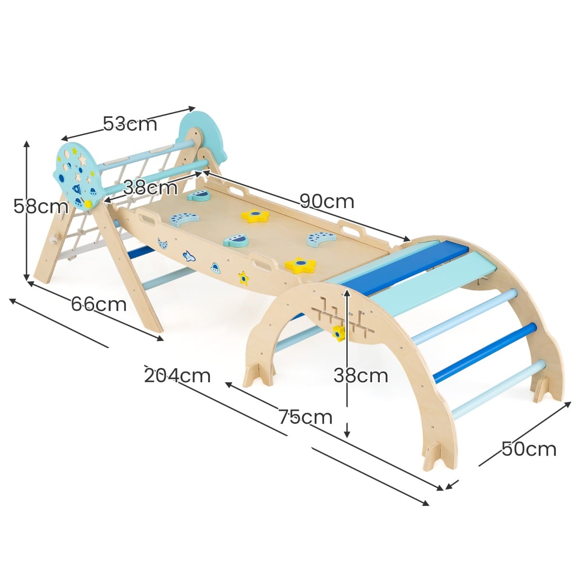 Dimensions of the blue climbing frame shown with measurements in cm