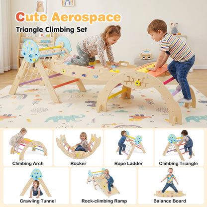 A collage showing the climbing frame in different configurations and activities