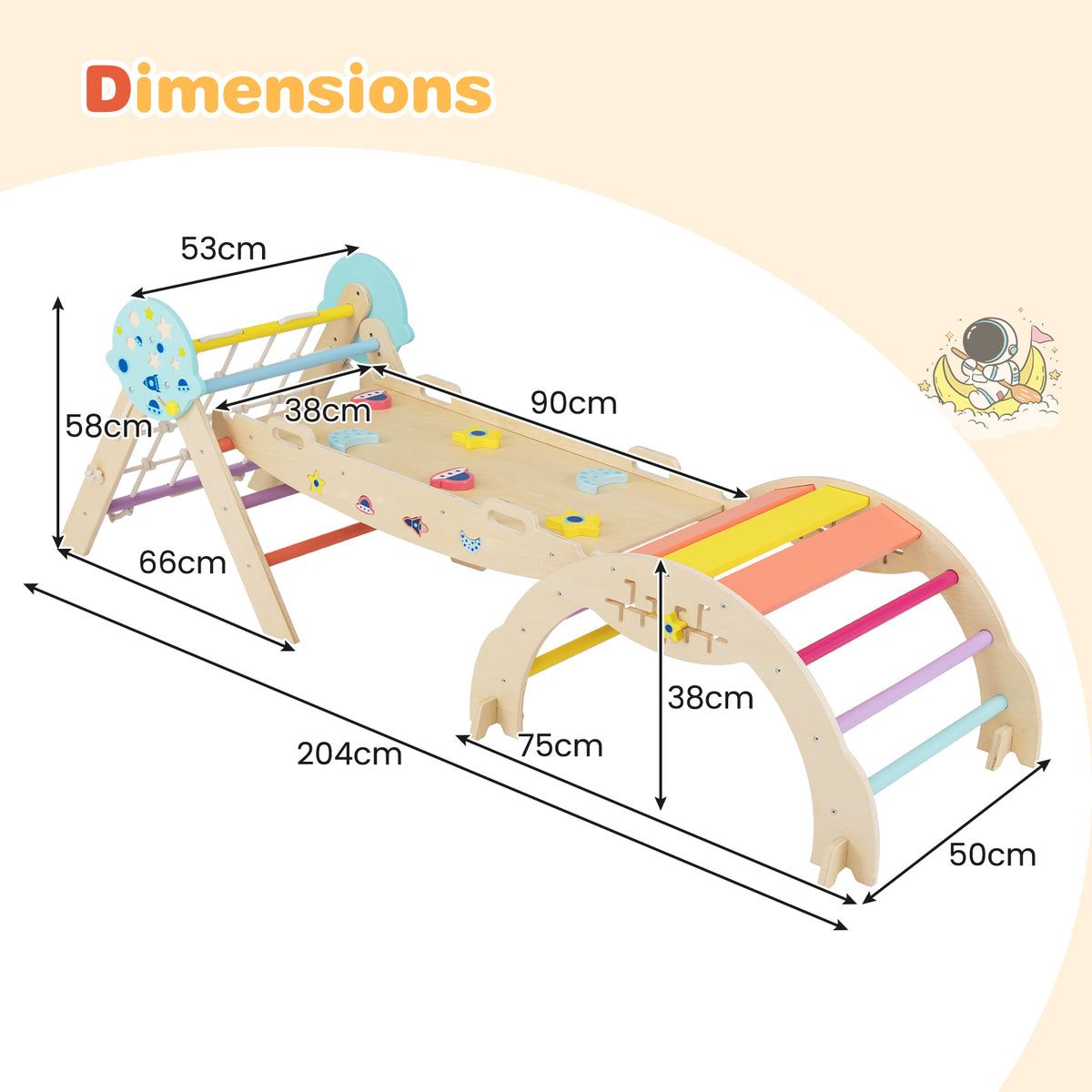 The colourful climbing frame with dimensions indicated