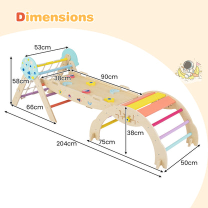The colourful climbing frame with dimensions indicated