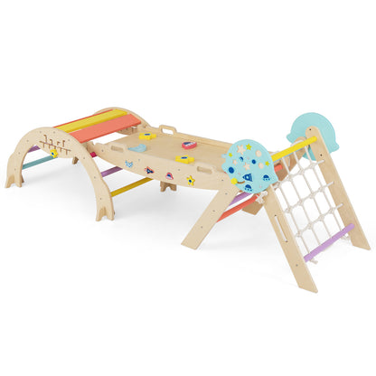 Foldable Climbing Toys with Arch and Climber for Toddlers-Colourful is a wooden climbing frame with colourful rungs and
