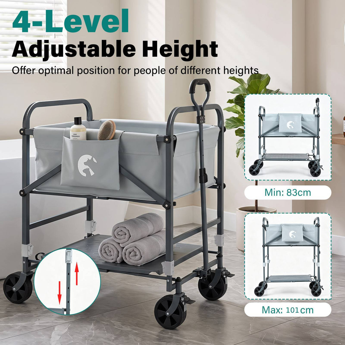 The dog grooming trolley shown with adjustable height settings and storage