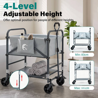 The dog grooming trolley shown with adjustable height settings and storage