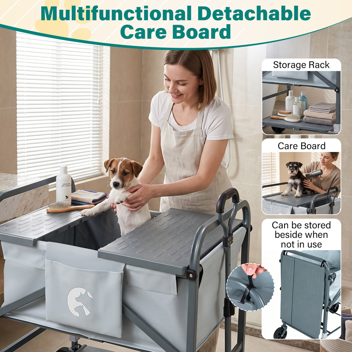 The foldable dog bath cart with a multifunctional detachable care board and storage rack