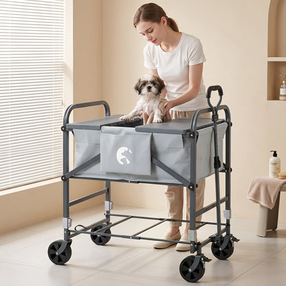 The foldable dog bath cart shown with a small dog being washed by a woman indoors