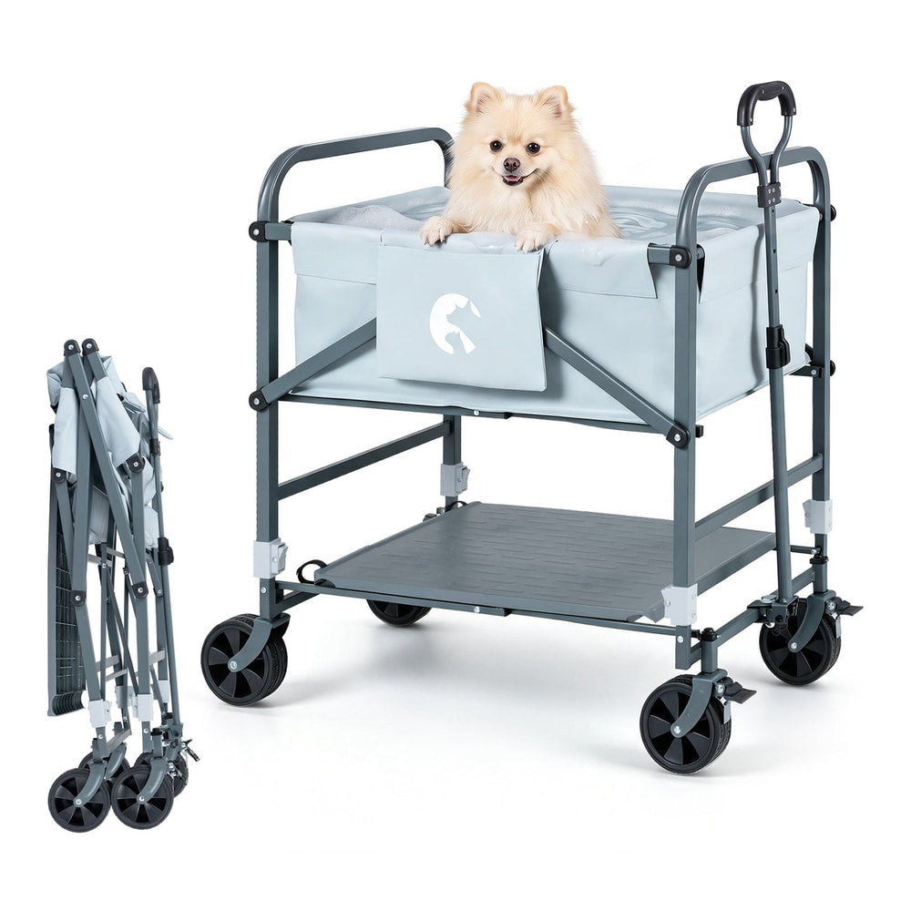 Foldable Dog Bath Cart with a small dog sitting inside, shown from the front