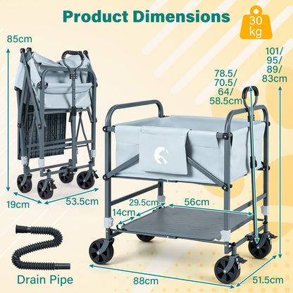 The foldable dog bath cart shown with dimensions and a drain pipe accessory