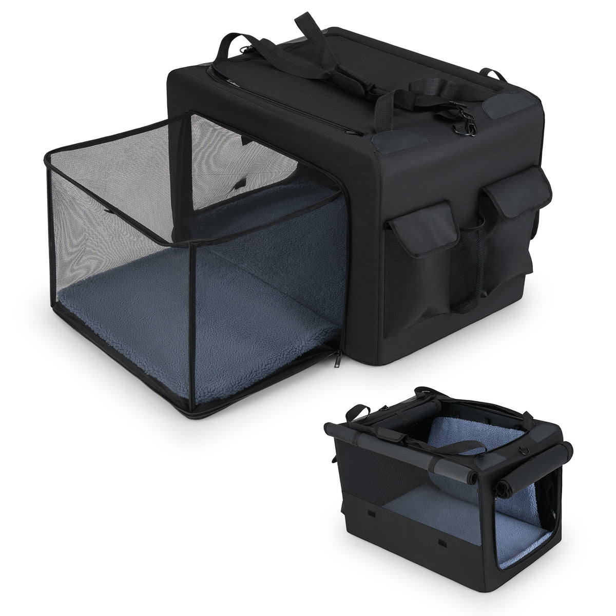 The dog crate shown with one side open and a separate view of the folded crate