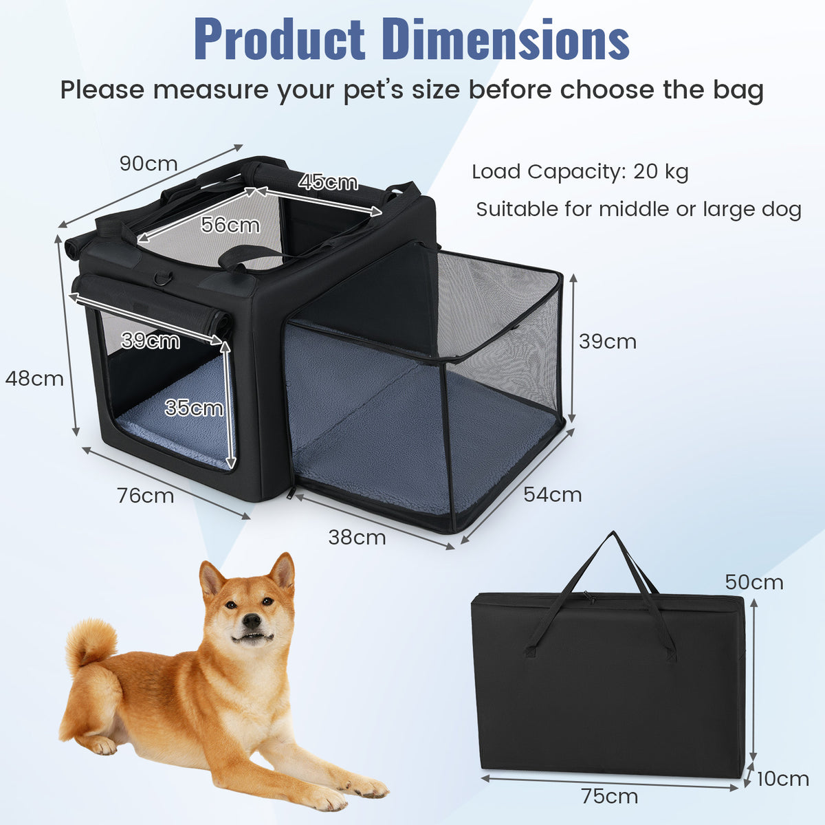 Product dimensions diagram for the dog crate, showing measurements and load capacity