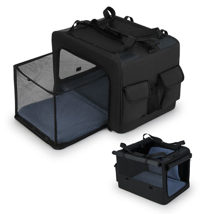 The dog crate is shown with its mesh compartment detached and a smaller inner basket