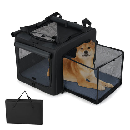 Foldable Dog Crate with an attached mesh compartment and a dog inside