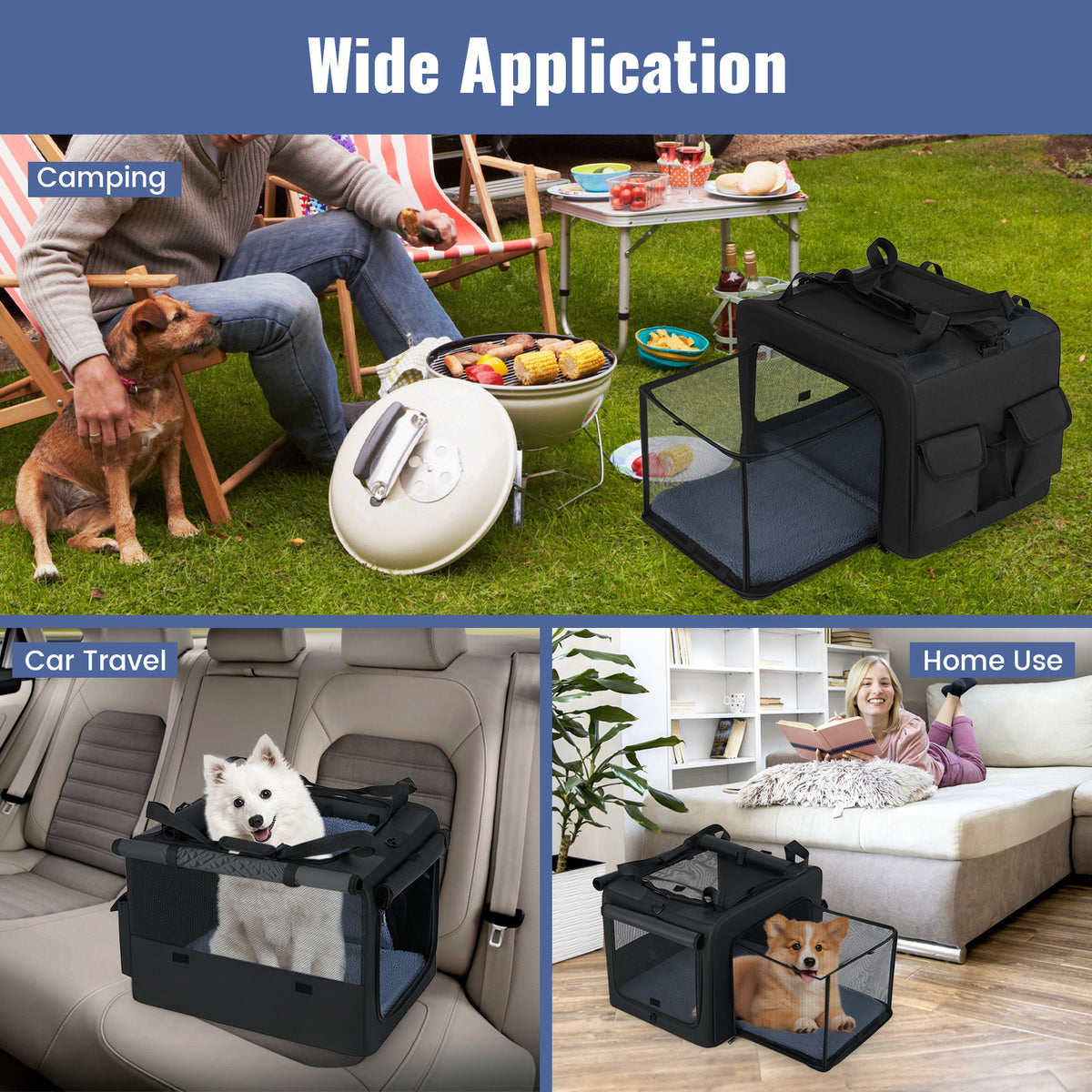 Collage showing the dog crate used for camping, car travel, and home use