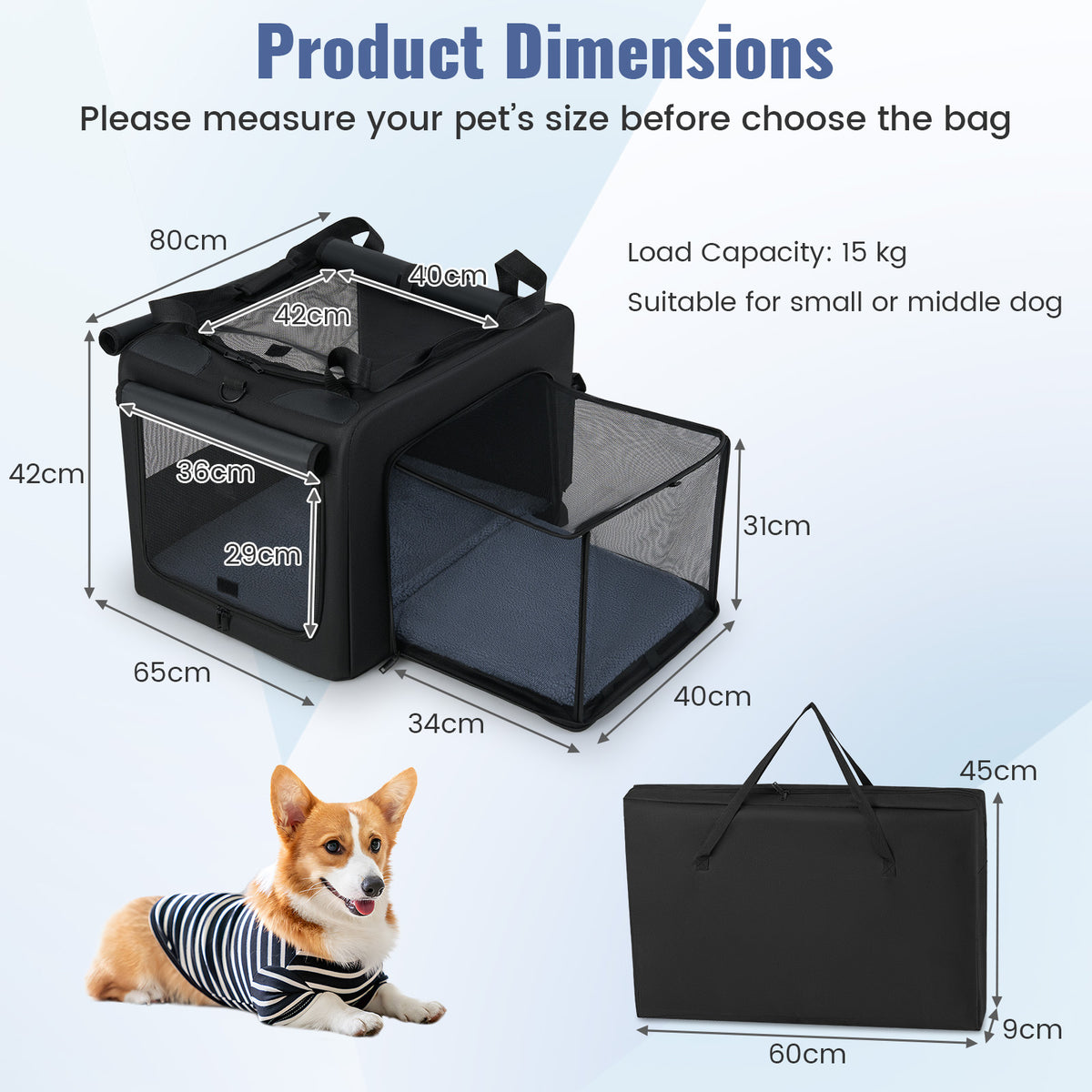 A diagram showing the dimensions of the dog crate and its folded form