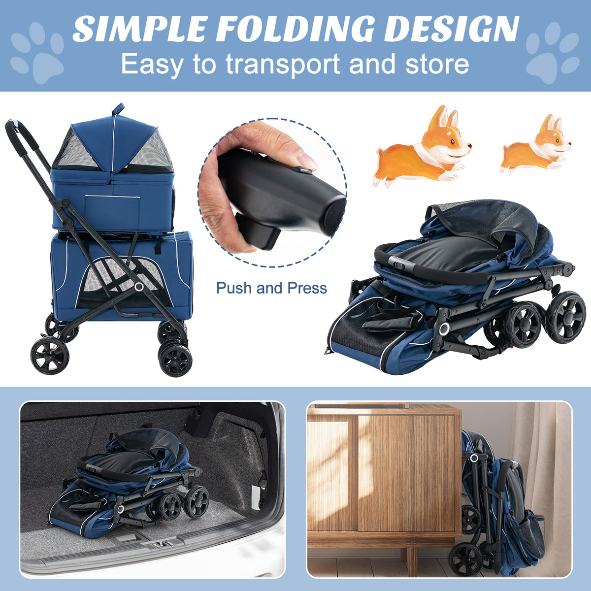 The dog stroller demonstrating the simple folding mechanism for storage in a car boot