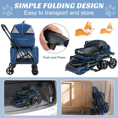 The dog stroller demonstrating the simple folding mechanism for storage in a car boot