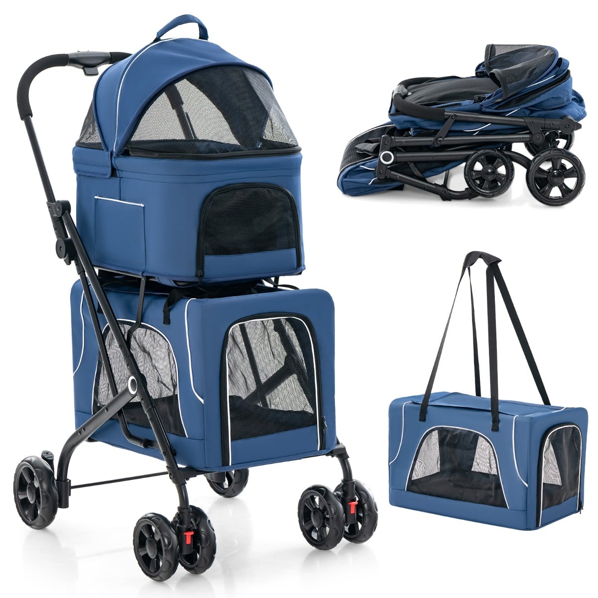 Foldable Double Pet Stroller with Detachable Carriers shown in blue with a separate carry bag