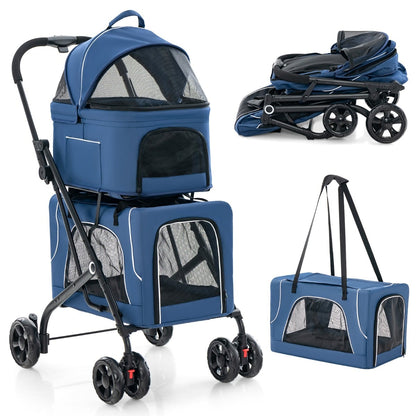 Foldable Double Pet Stroller with Detachable Carriers shown in blue with a separate carry bag