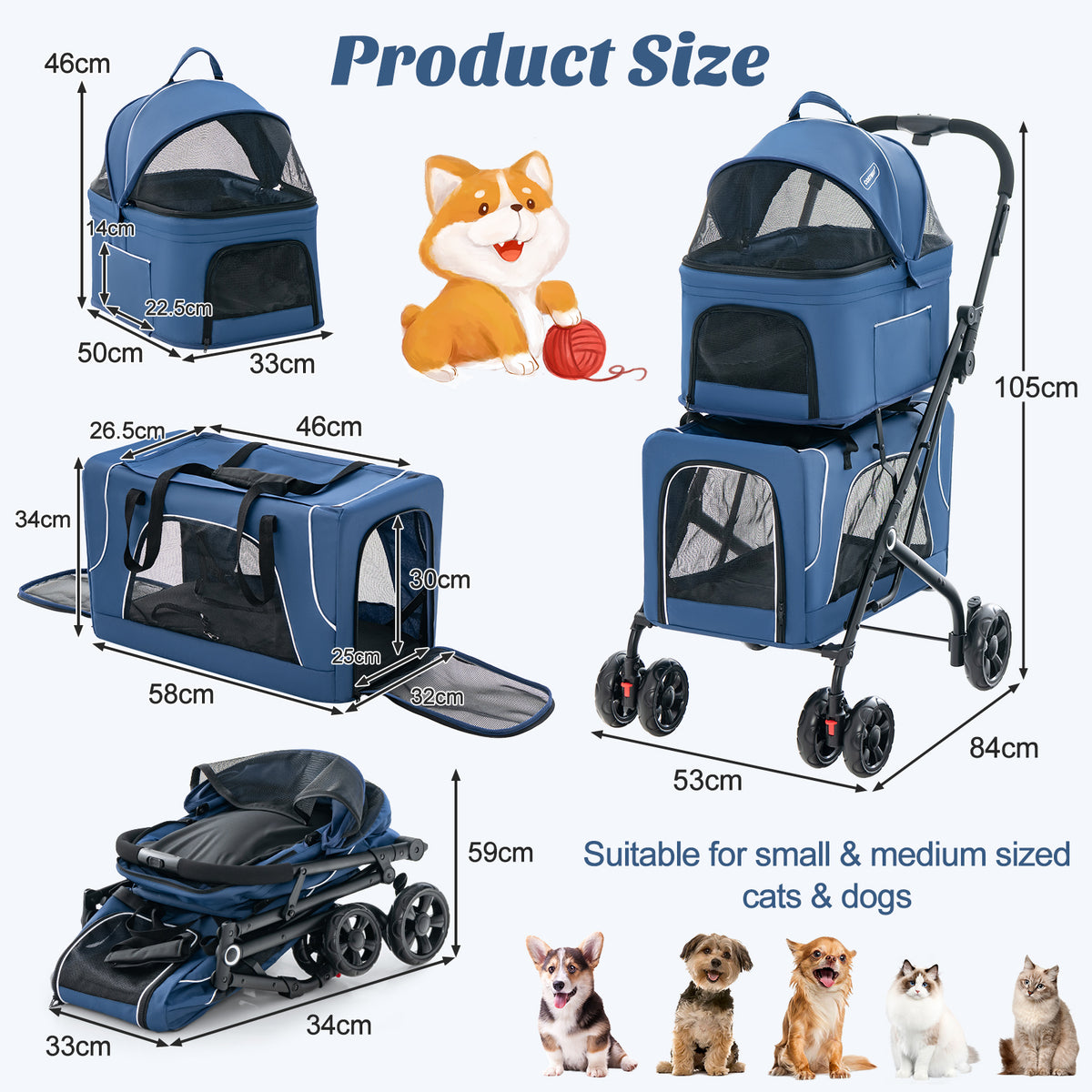 The dog stroller with annotated dimensions and illustrations of small pets for scale
