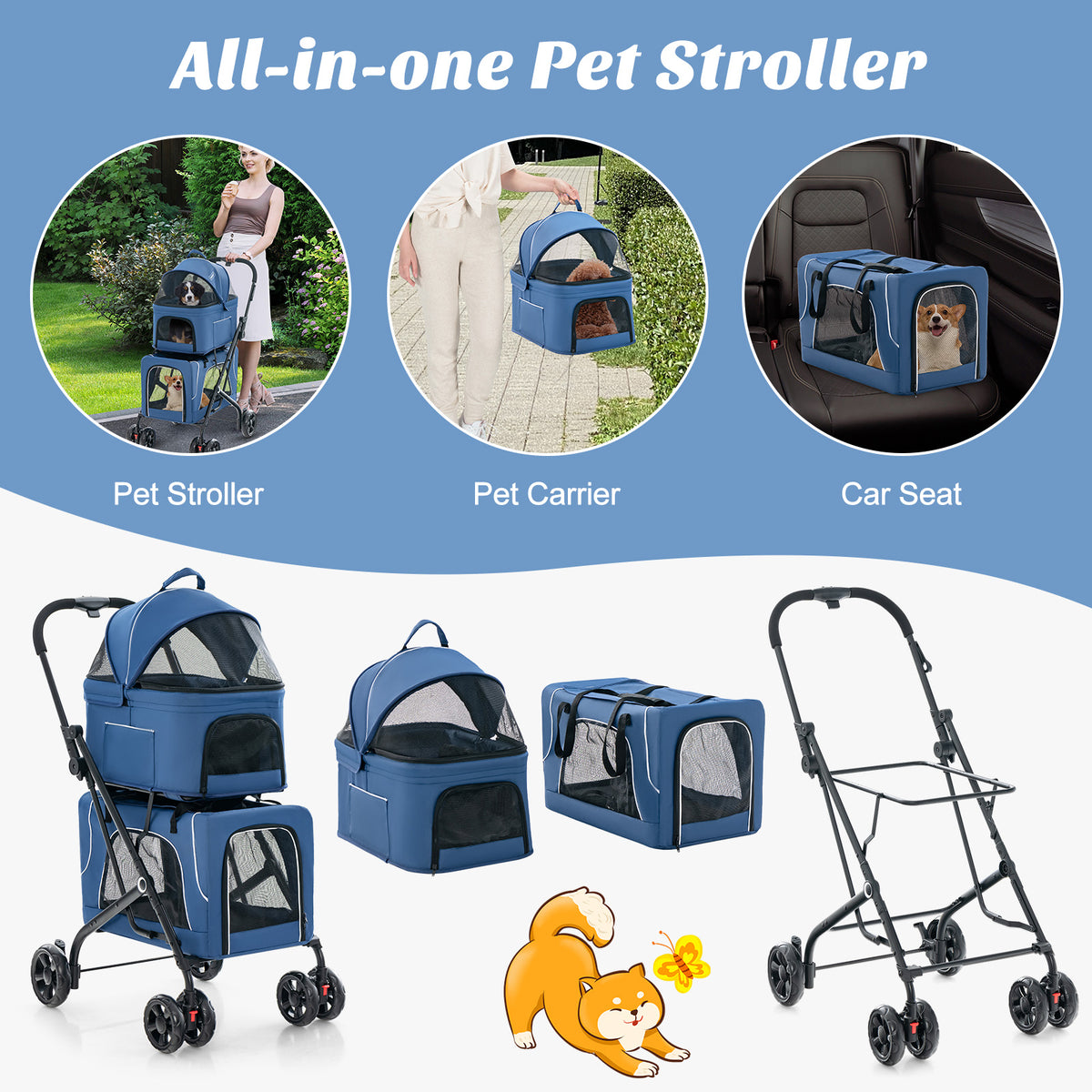 The dog stroller shown in various configurations including as a car seat and carry bag
