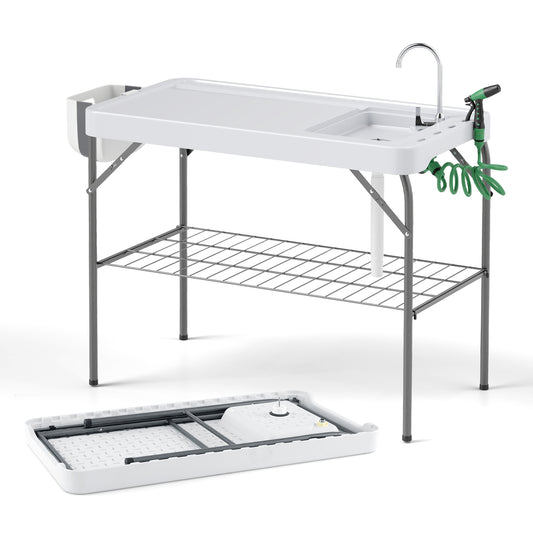 Foldable Fish Cleaning Table 2 in 1 Outdoor Workstation shown assembled and folded flat