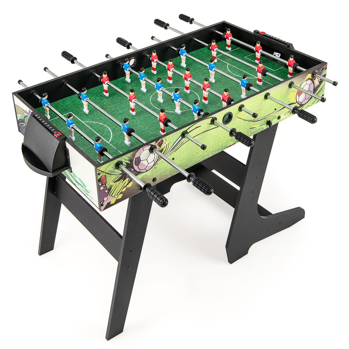 The game table viewed from a high angle showing the green pitch and red and blue players