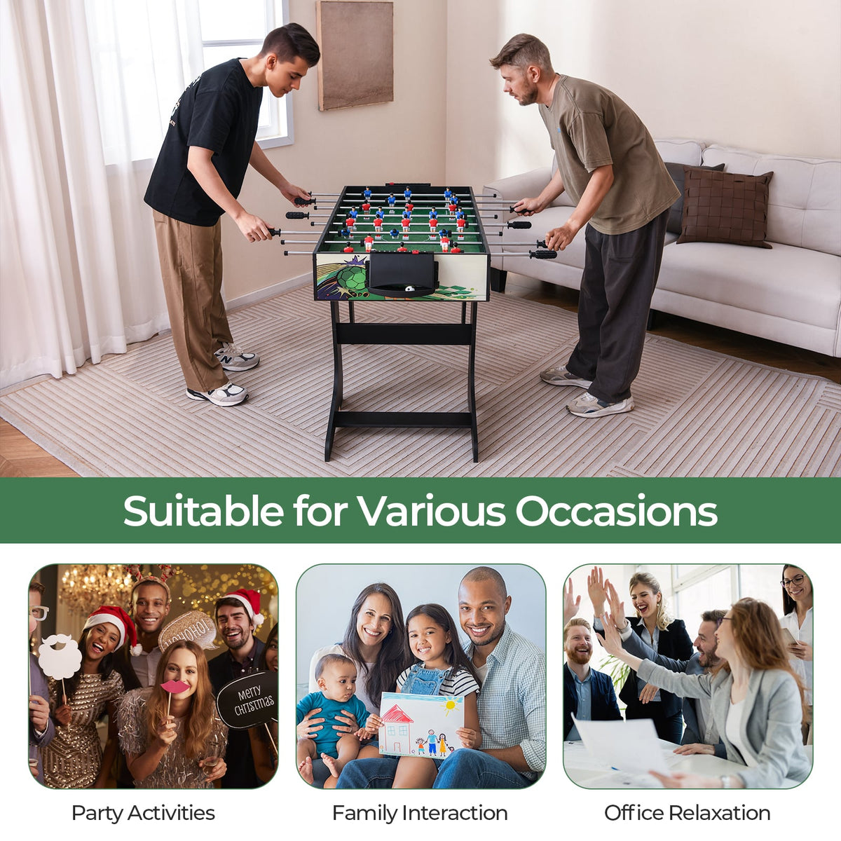 The game table shown in a living room with smaller panels depicting party and office use