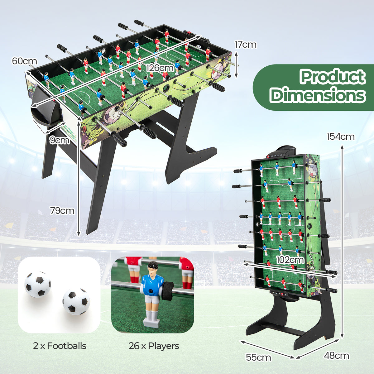 The game table with technical size diagrams and close-ups of the footballs and player figures