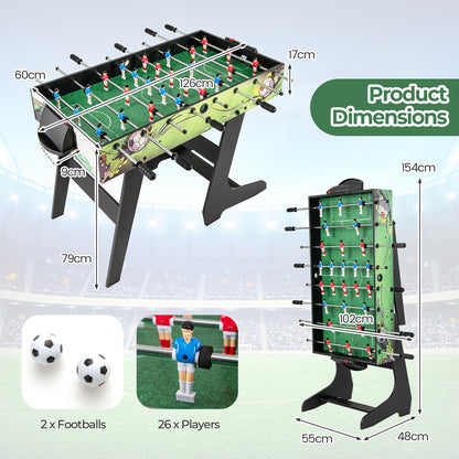 The game table with technical size diagrams and close-ups of the footballs and player figures