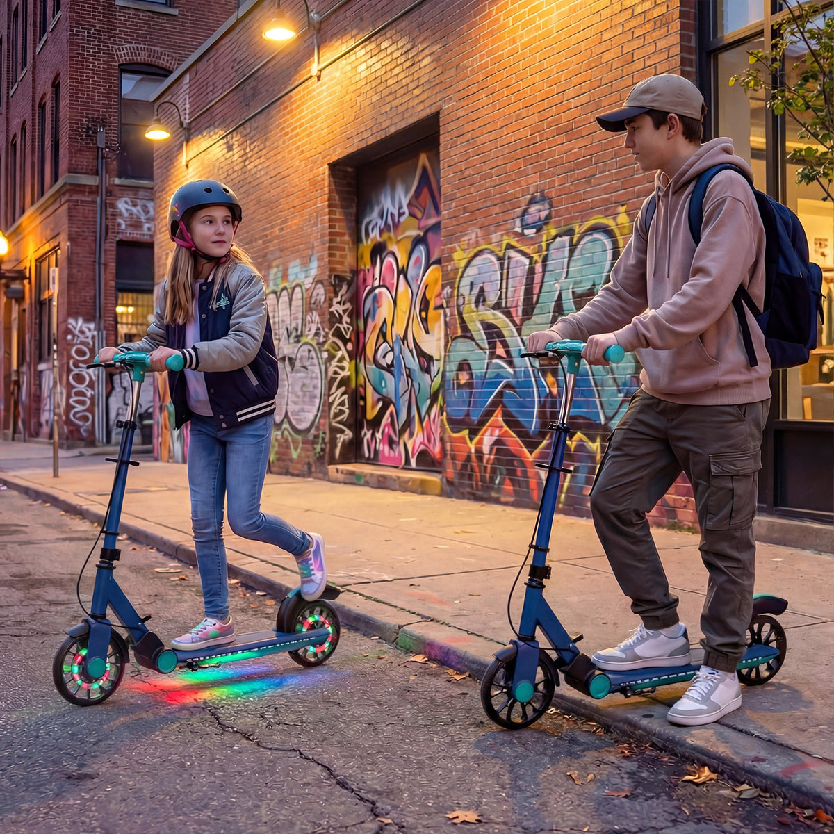 Two children ride their foldable kick scooters with light-up wheels on a street at night