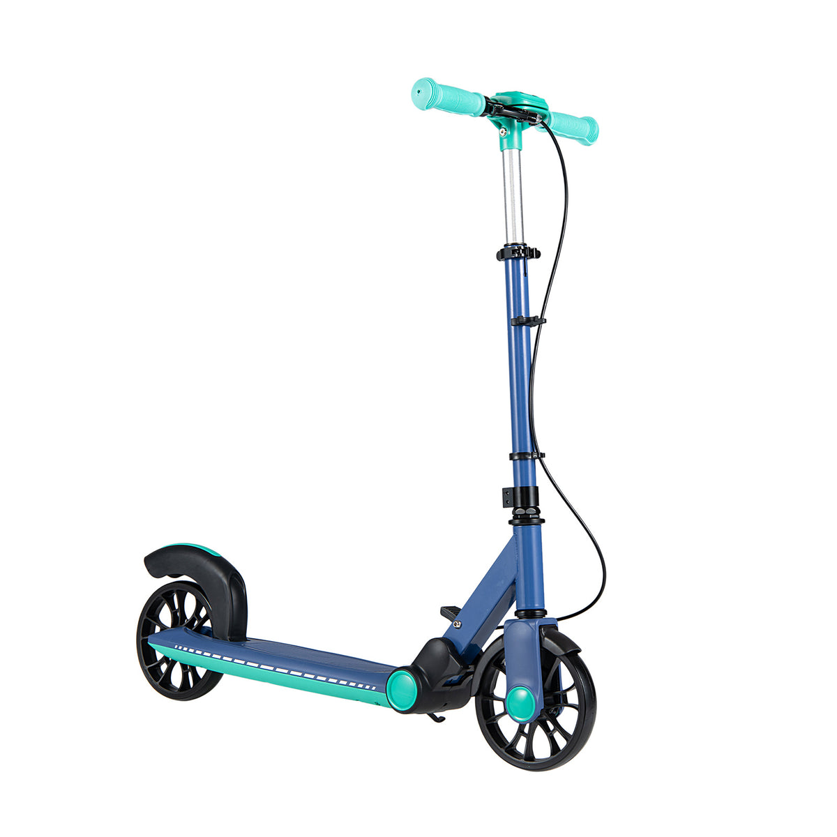 The green foldable kick scooter with light-up wheels stands on a white background