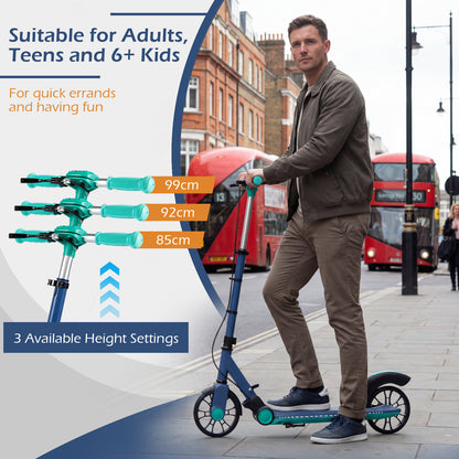 A man demonstrates the height adjustment settings on the green foldable kick scooter