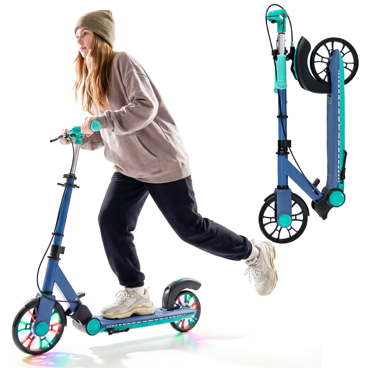 Foldable Kick Scooter with 2 light-up wheels and rear brake in green, being ridden by a girl
