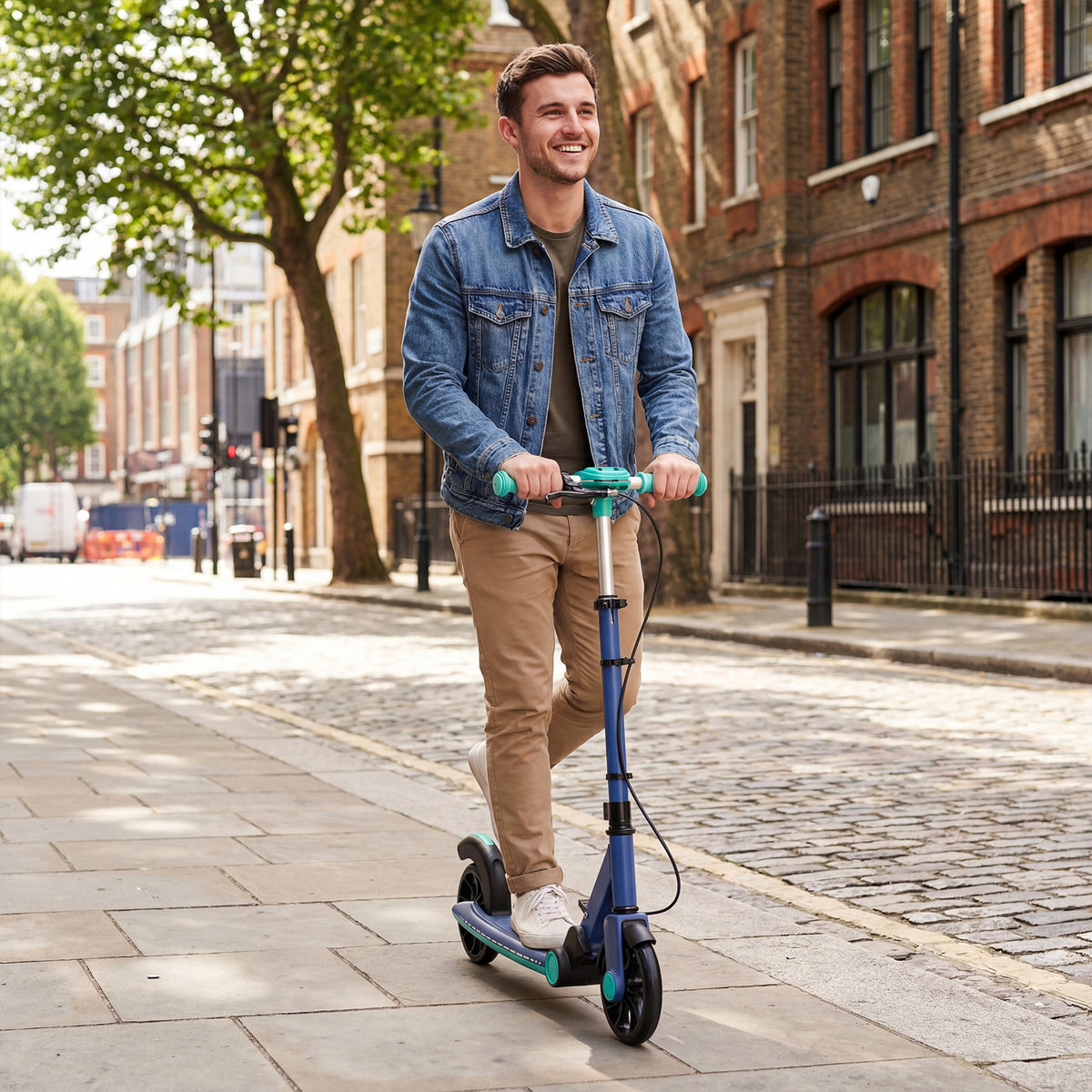 A man happily rides the foldable kick scooter with light-up wheels down a city street
