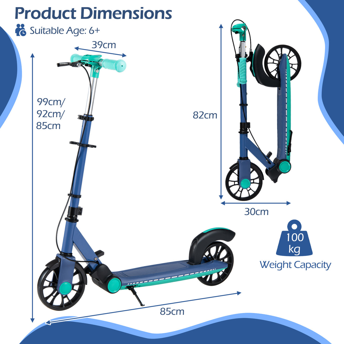 A diagram shows the dimensions of the green foldable kick scooter and its weight capacity
