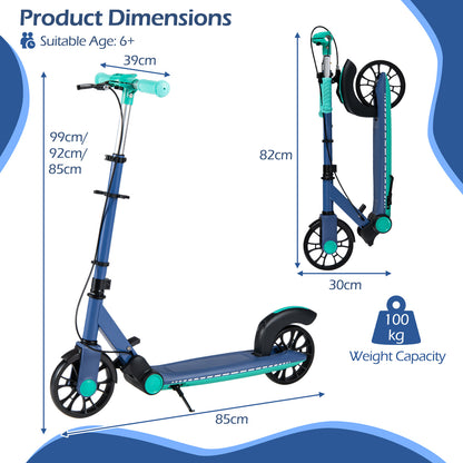 A diagram shows the dimensions of the green foldable kick scooter and its weight capacity