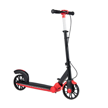 A red foldable kick scooter standing upright on a white background