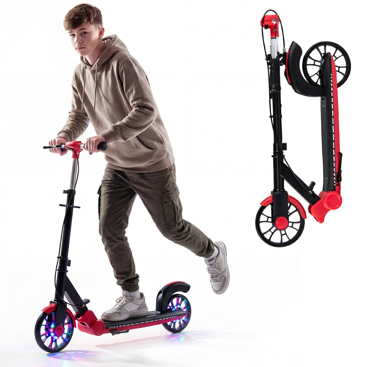 Foldable Kick Scooter with 2 light-up wheels and rear brake in red, shown with a young person riding it