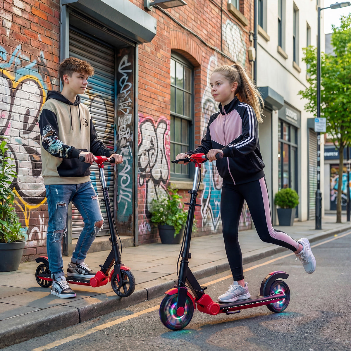 Two young people riding red kick scooters on a city pavement