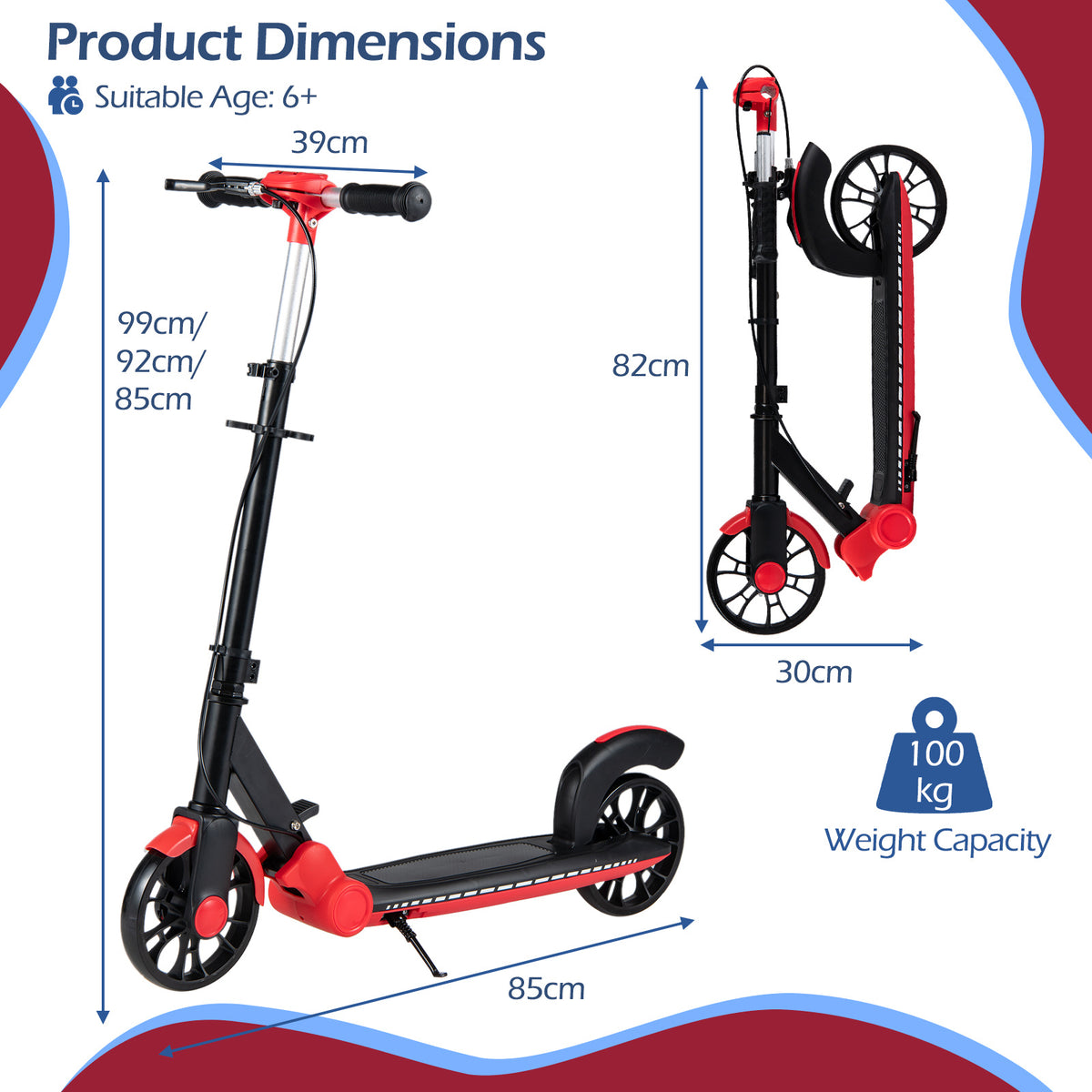 A red foldable kick scooter with dimensions and weight capacity shown