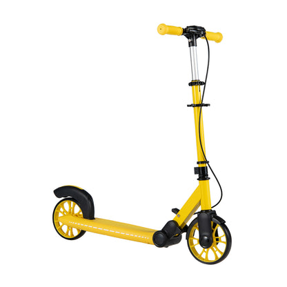 The yellow kick scooter standing against a plain white background