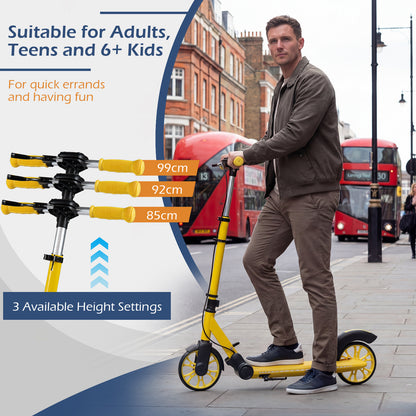The kick scooter with an overlay showing three adjustable heights