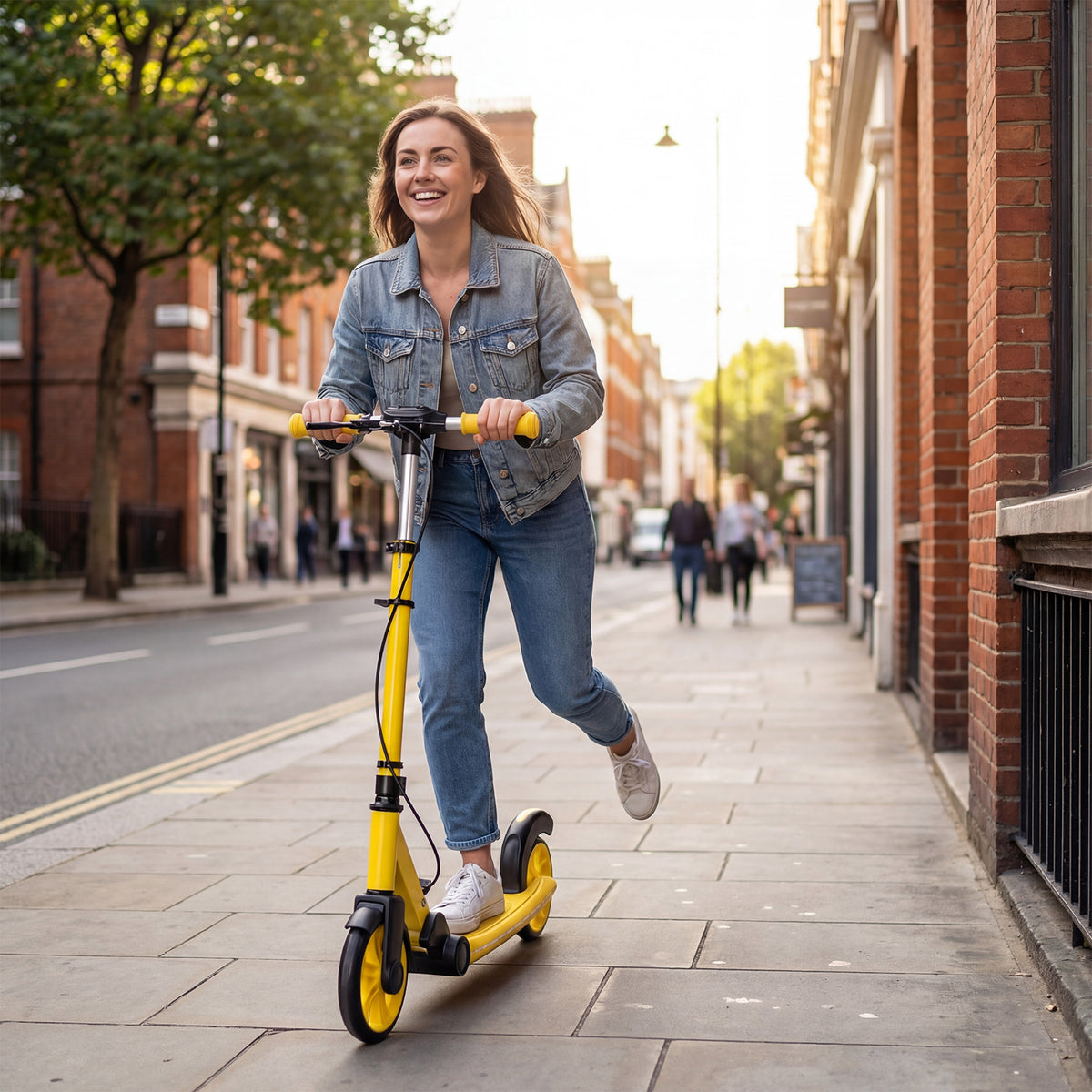 A young woman riding the yellow kick scooter on a city pavement
