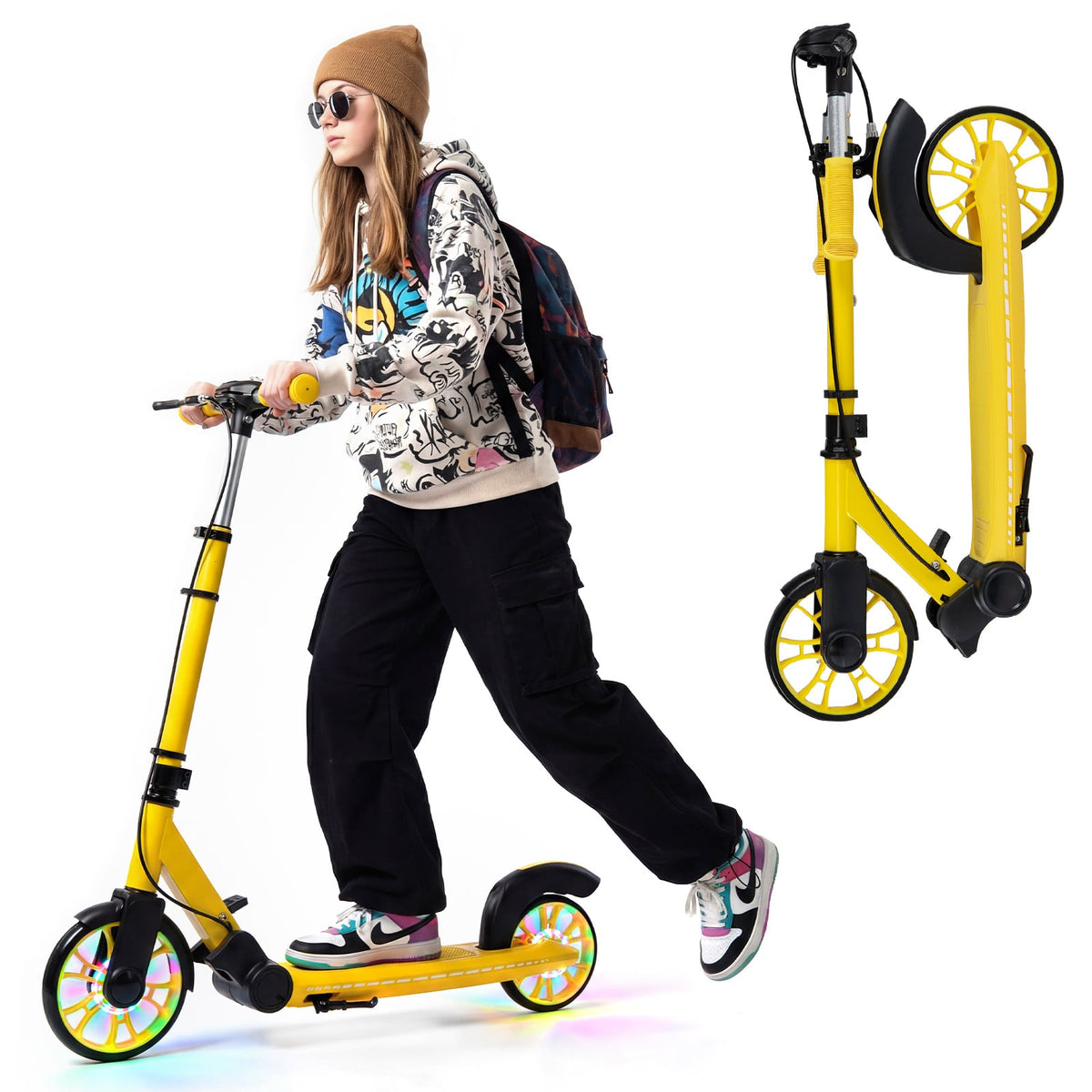 Foldable Kick Scooter shown in use and folded for storage