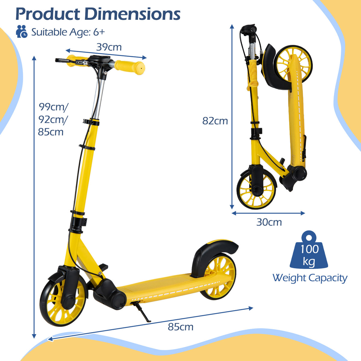 The kick scooter showing height and width dimensions in a diagram
